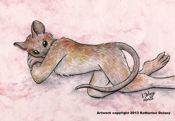 Anthro mouse, lying with her nose hidden behind her arm. She has grey-brown fur with yellow edging to with on her sides and legs. Background is mottled light pink with grey-vilet shadows.