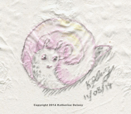 Pink-shaded friendly cartoon snail, outlined in black.