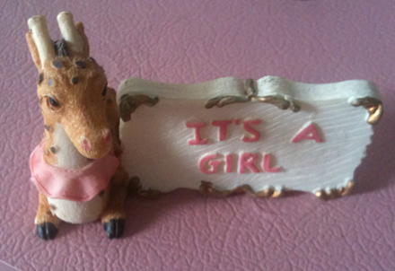 Front-view of her with the gold-edged sign.